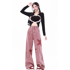 Aiertu Women's Pink Jeans Letters Printed High-waisted American Street Wide Leg Pants Hip-hop Fashion Retro Straight Y2K Winter Pants Aiertu