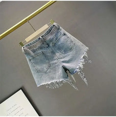 Aiertu Women Denim Shorts Summer High Waist Slim Heavy Beaded Sequin Fringed Ripped Wide Leg Jeans Shorts Aiertu