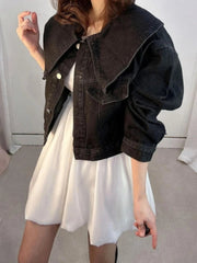 AIERTU - Autumn Korean Denim Jacket Women Big Peter Pan Collar Single Breasted Loose Short Jean Coat Sweet Casual Solid Outerwear Aiertu