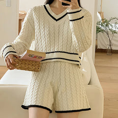 Women Two Piece Sets Long Sleeve Knitted Tops And Shorts Casual Suit Solid Office Sets For Women 2024 Autumn Winter Aiertu