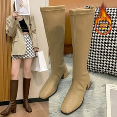 Aiertu Fashion Women Black Block High Heels Long Boots New Winter Warm Knee High Boots Soft Leather Thigh High Boots Shoes Aiertu