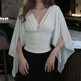 AIERTU - Mesh Deep V Neck T Shirt With Ribbon Sleeves Slim Fit Waist Cinching Pleated Top Women Sexy Fashionable Elegant Stylish Summer Aiertu