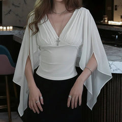 AIERTU - Mesh Deep V Neck T Shirt With Ribbon Sleeves Slim Fit Waist Cinching Pleated Top Women Sexy Fashionable Elegant Stylish Summer Aiertu