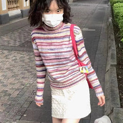 Aiertu Japanese Y2k Turtleneck Sweater Vintage Rainbow Striped Pullover Korean Fashion Knitted Jumper Harajuku Grunge Knitwear Aiertu