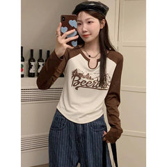 Aiertu Vintage Print T-shirts Women Harajuku Y2k Graphic Crop Tops Slim Up Fashion Patchwork Streetwear Autumn Long Sleeve Aiertu