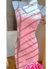 Aiertu Spring 2024 French Temperament Striped Sleeveless Backless Rhinestone Chain High Waist Slim-Fit Pink Sling Fairy Dress Women Aiertu
