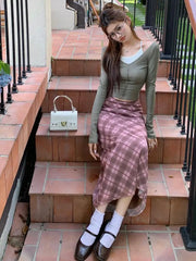 Aiertu Autumn Women Vintage Pink Mesh Plaid A-line Half Long Skirts Elastic High Waist Party Bodycon Wrapped Hip Skirt Female Chic Aiertu