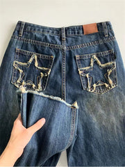 Aiertu Women's Blue Wide Leg Jeans Star Pocket Vintage Straight Pants High Waist Baggy Streetwear Casual Denim Trouser Ladies New Aiertu