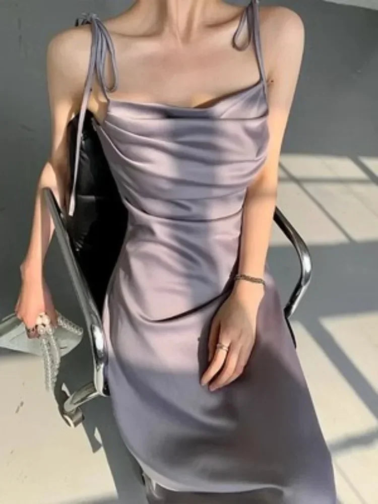 Aiertu Purple Satin Slip Midi Dress Women Vintage Korean Fashion Lace-up Spaghetti Strap Elegant Party Dresses 2024 Summer Aiertu
