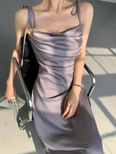 Aiertu Purple Satin Slip Midi Dress Women Vintage Korean Fashion Lace-up Spaghetti Strap Elegant Party Dresses 2024 Summer Aiertu