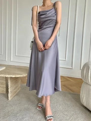Aiertu Purple Satin Slip Midi Dress Women Vintage Korean Fashion Lace-up Spaghetti Strap Elegant Party Dresses 2024 Summer Aiertu
