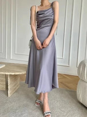 Aiertu Purple Satin Slip Midi Dress Women Vintage Korean Fashion Lace-up Spaghetti Strap Elegant Party Dresses 2024 Summer Aiertu