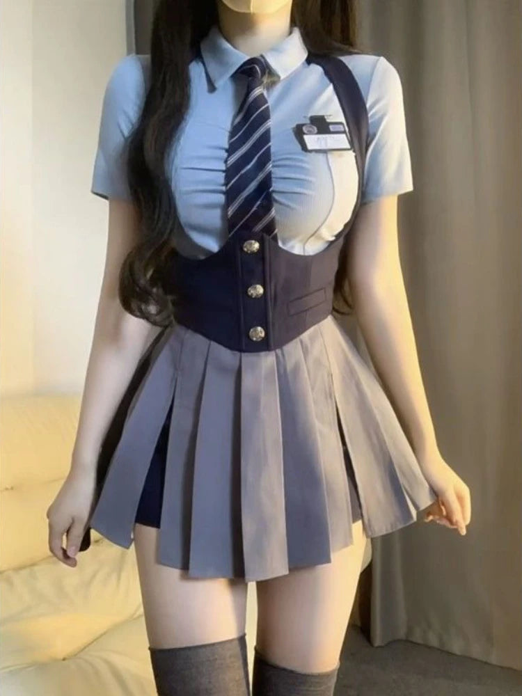 Autumn College Style JK Uniform Set Slim Shirt with Striped Tie Y2K Girls High Waist A- Line Pleated Skirt Fashion Suit Aiertu