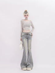 Aiertu Women's Light Blue Flare Jeans Baggy Harajuku Vintage Denim Trousers Y2k Jean Pants Japanese 2000s Style Trashy Oversize Clothes Aiertu