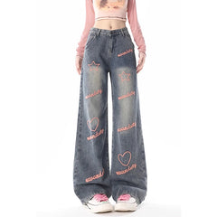 Aiertu American Blue Vintage Style High Waist Embroidery Jeans Pants Spring Women's Baggy Y2K Wide Leg Denim Trouser Female Clothes Aiertu