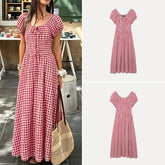 AIERTU - Elegant Long Bubble Sleeve Waist-Cinching Dress Women's Fashion Summer Casual Loose Fit A-Line Skirt Short Sleeve Aiertu