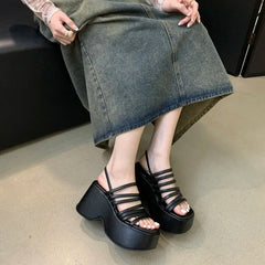 Aiertu Silver Wedge Sandals Women Platform Shoes Black Belt High Heels Gladiator Chunky Heeled Summer Wedges Aiertu