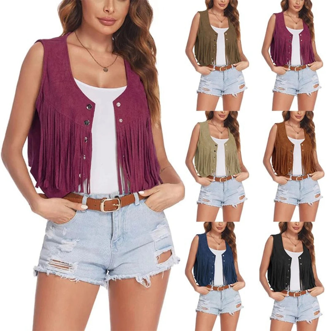 Women Faux Suede Ethnic Sleeveless For Jacket Rivet Fringe Tassels Hippie Open Front Cardigan Vintage Cowgirl Waistcoat Vest Aiertu