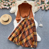 Aiertu Women Retro Sweater Suits Fashion Lantern Sleeve Sheath Knitted Top+Elastic Loose Long Skirt Two Pieces Sets Aiertu