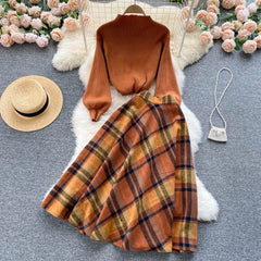 Aiertu Women Retro Sweater Suits Fashion Lantern Sleeve Sheath Knitted Top+Elastic Loose Long Skirt Two Pieces Sets Aiertu
