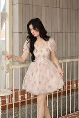 Aiertu Summer Women Floral Fairy Mini Dress Slash Neck Puff Sleeve Embroidery Flower Mesh Dress French Romantic Feminine Dress Aiertu