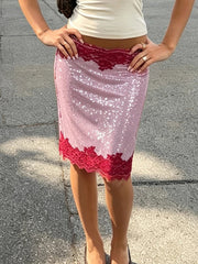 AIERTU - Women Sequin Lace Midi Skirt High Waist White Lace Trim Bodycon Pencil Skirt Light Slim Fit Skirt Elegant Party Nightclub Bottom Aiertu
