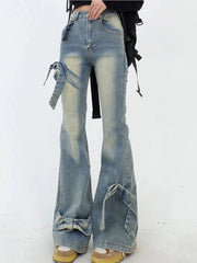 Aiertu Women's Blue Bow Flare Jeans Harajuku 90s Aesthetic Streetwear Baggy Denim Trousers Y2k Jean Pants Vintage 2000s Trashy Clothes Aiertu