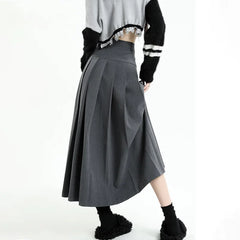 Aiertu Vintage Grey Suit A-line Skirt Women's Spring Autumn College Style High Waist Pleated Mid Length Skirt Femal aiertu