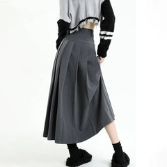 Aiertu Vintage Grey Suit A-line Skirt Women's Spring Autumn College Style High Waist Pleated Mid Length Skirt Femal aiertu
