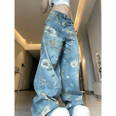 Aiertu Blue Womens Jeans High Waist Vintage Straight Y2K Summer Denim Pants Rose Streetwear American Wide Leg Baggy Denim Trouser Aiertu
