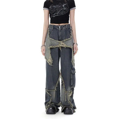 Aiertu Vintage Women High Waist Jeans Streetwear Ripped Female Wide Leg Pant American Style Casual Tassel Straight Denim Trousers Aiertu