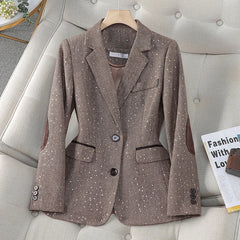 Aiertu 2024 Autumn Retro Gray Splice Plaid Sequins Blazers Coat For Women Brown Elegant Business Vintage Ladies Suit Jacket Fashion Y2k Aiertu