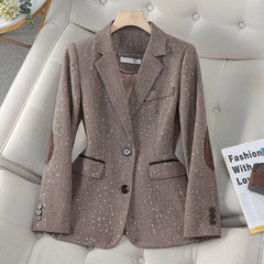 Aiertu 2024 Autumn Retro Gray Splice Plaid Sequins Blazers Coat For Women Brown Elegant Business Vintage Ladies Suit Jacket Fashion Y2k Aiertu