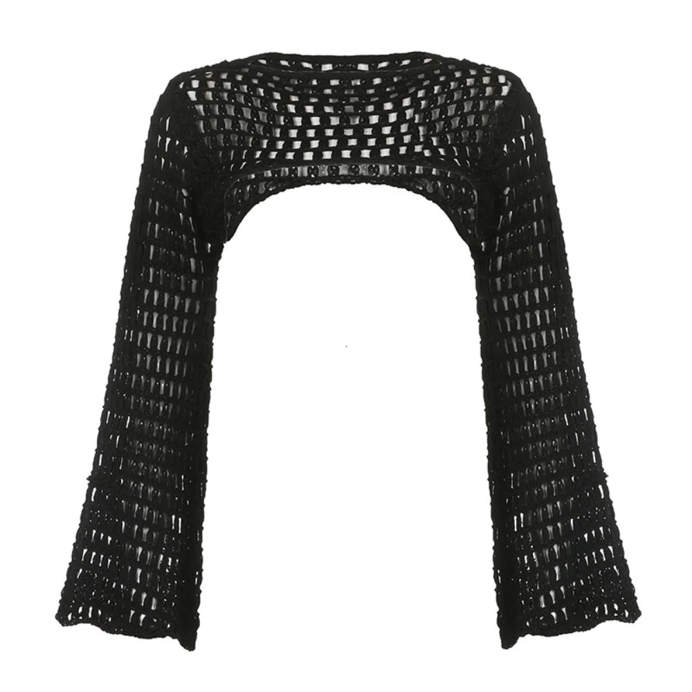 Aiertu Women Y2k Crochet Knit Hollow Out Crop Top Long Flared Sleeve Shrug Sweater Mesh Cover Ups Cardigan Streetwear Pullover Women Aiertu