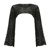 Aiertu Women Y2k Crochet Knit Hollow Out Crop Top Long Flared Sleeve Shrug Sweater Mesh Cover Ups Cardigan Streetwear Pullover Women Aiertu