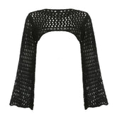 Aiertu Women Y2k Crochet Knit Hollow Out Crop Top Long Flared Sleeve Shrug Sweater Mesh Cover Ups Cardigan Streetwear Pullover Women Aiertu