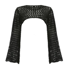Aiertu Women Y2k Crochet Knit Hollow Out Crop Top Long Flared Sleeve Shrug Sweater Mesh Cover Ups Cardigan Streetwear Pullover Women Aiertu