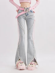 Aiertu Summer Denim Vintage Sweet Pants Women Slim Lace-up Korean Casual Flare Pants Female Japanese France Elegant Open Fork Jeans New Aiertu