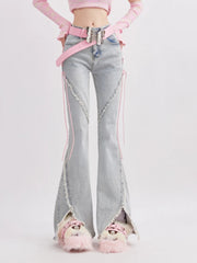 Aiertu Summer Denim Vintage Sweet Pants Women Slim Lace-up Korean Casual Flare Pants Female Japanese France Elegant Open Fork Jeans New Aiertu