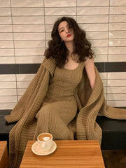Autumn Winter Korean Style Elegant Style Two Piece Sets Femme Solid Color Loose Knit Cardigan Jacket V-neck Vest Dress Aiertu