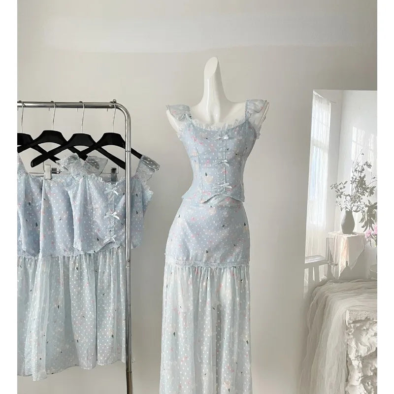 Aiertu French Elegant 2 Piece Set Women Summer 2000s Sleeveless Y2k Crop Tops + Party Casual Fashion Midi Skirt Holiday Beach Suit Aiertu