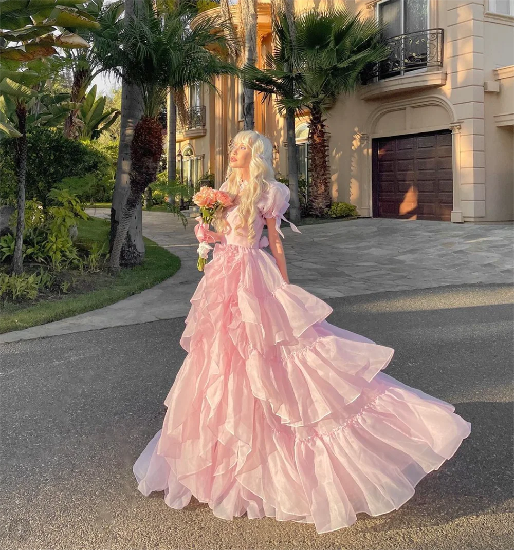 Aiertu Pink Princess Prom Dress Ruffle Layered Evening Dresses Formal Occasions Graduation Gown Sweet Birthday Party Dresses Aiertu