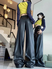 Aiertu PU Leather Straight Pant Black Women Autumn Wide Leg Leather Baggy Pants High Waist Casual Streetwear Loose Trousers Aiertu