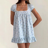 AIERTU - Summer Fashion Floral Print Puff Sleeves Square Collar Casual Dress for Women Aiertu