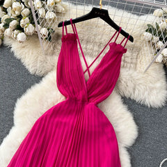 Aiertu Summer Sexy A Line Dress Deep V Neck Sling Cross Ruffles Backless Pleated Solid Women Elegant Evening Party Long Dress Aiertu