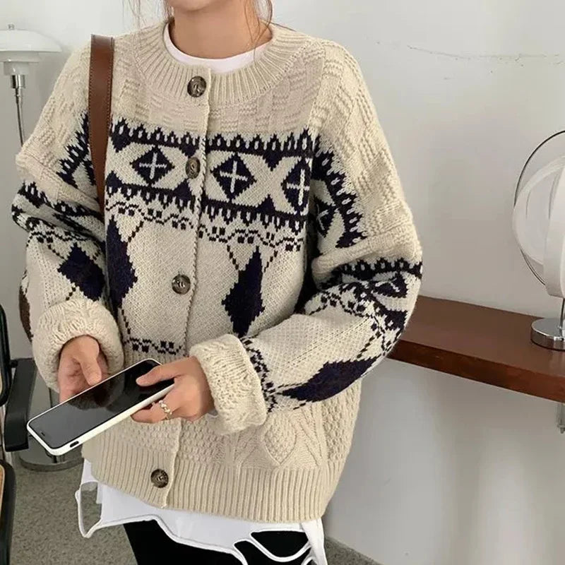 Korean Patchwork Cardigan Sweaters Women Lazy Wind Vintage Argyle Long Sleeve Knitted Coat Casual O Neck Female Print Top Aiertu