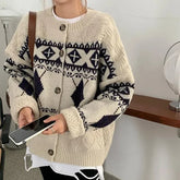 Korean Patchwork Cardigan Sweaters Women Lazy Wind Vintage Argyle Long Sleeve Knitted Coat Casual O Neck Female Print Top Aiertu