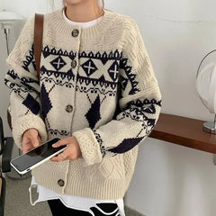 Korean Patchwork Cardigan Sweaters Women Lazy Wind Vintage Argyle Long Sleeve Knitted Coat Casual O Neck Female Print Top Aiertu