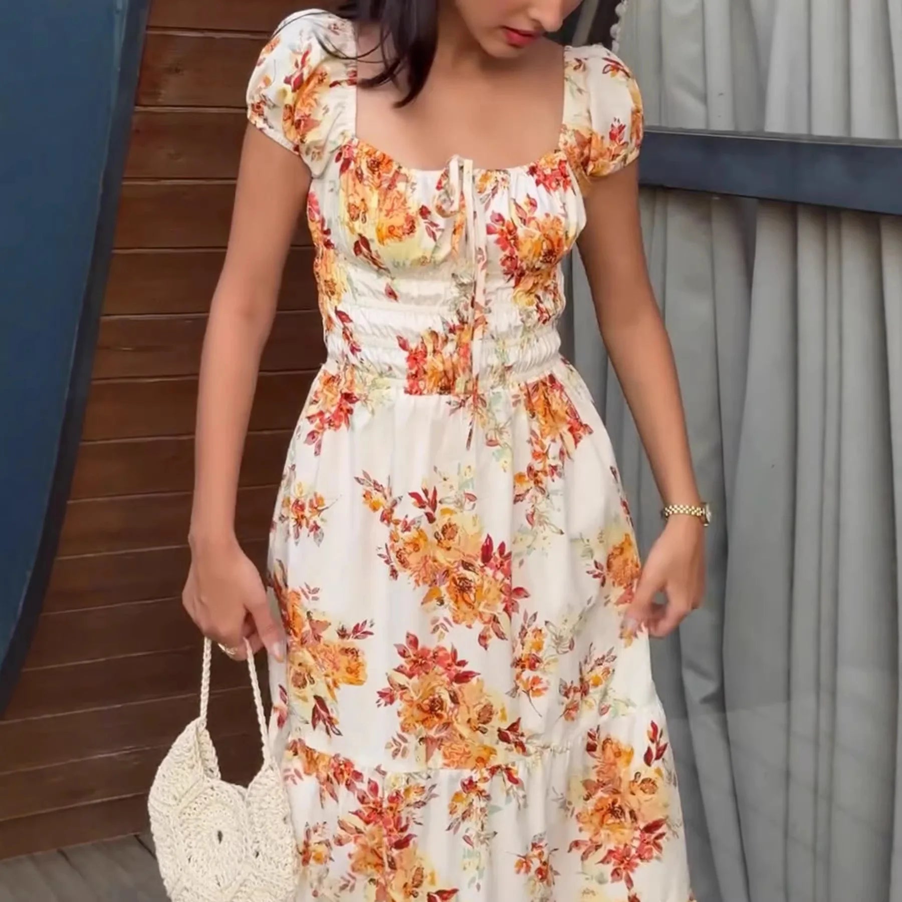 AIERTU - Floral Print Long Dress Women Y2K Square Neck Waist Cinching Spring European American Gentle Pastoral Style Maxi Dress Aiertu
