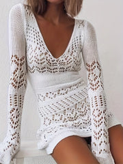 Aiertu Knit Hollow Out Solid Color Dress Y2K Long Sleeve Dress Women's Clothing Aiertu